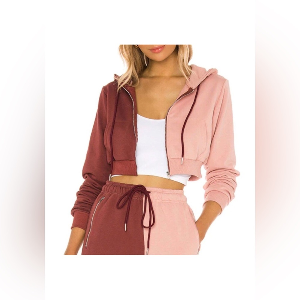 superdown Two-Tone Cropped Zip Hoodie in Rose and Mauve